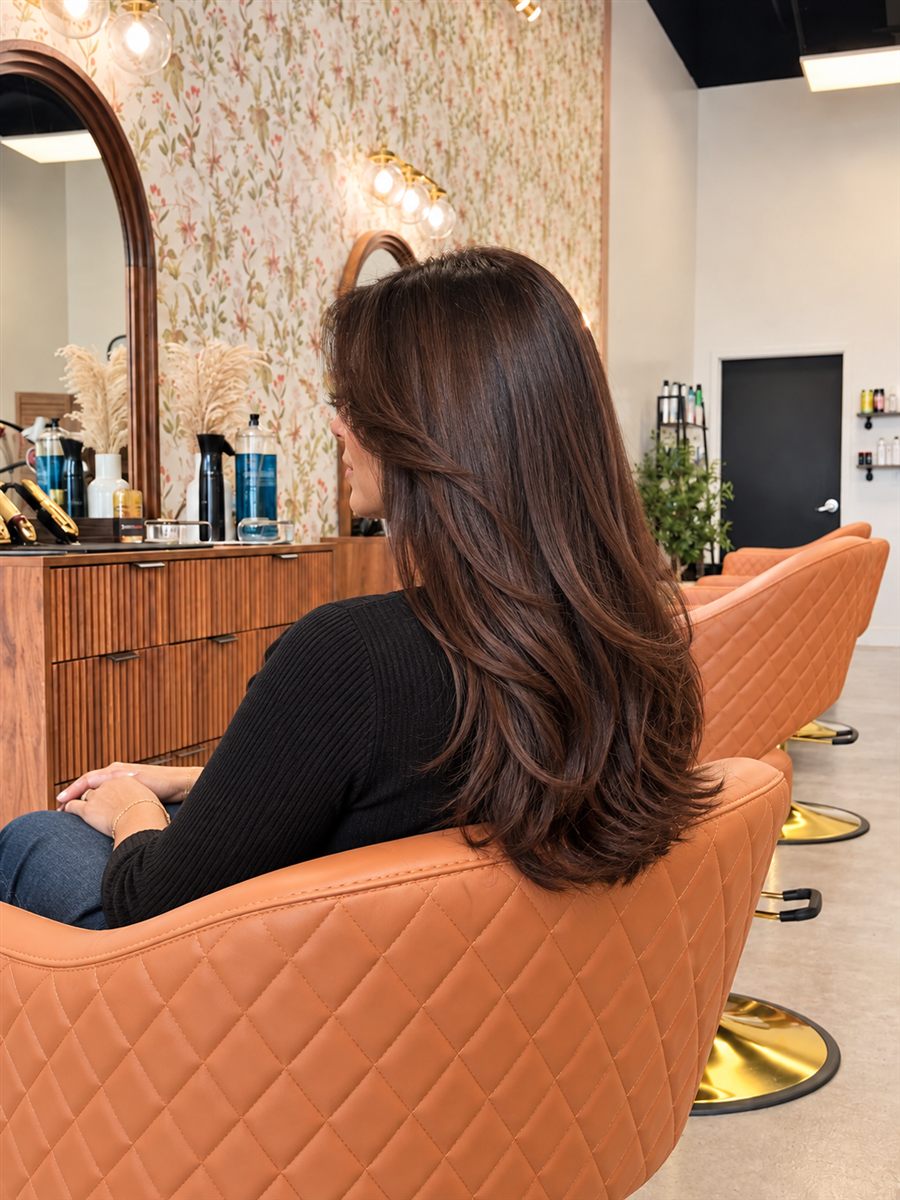 Illustrative image of a woman with glossy brunette hair color in a salon
