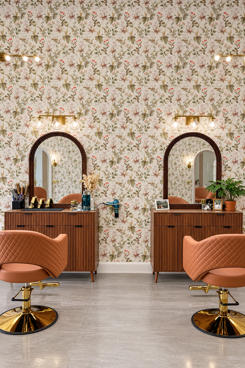 Floral wall, arch mirrors and blush salon chairs at In Vision Hair Design