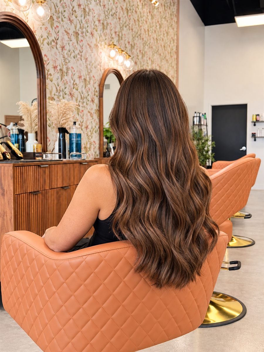Illustrative image of long brunette hair showing the look of added length and fullness