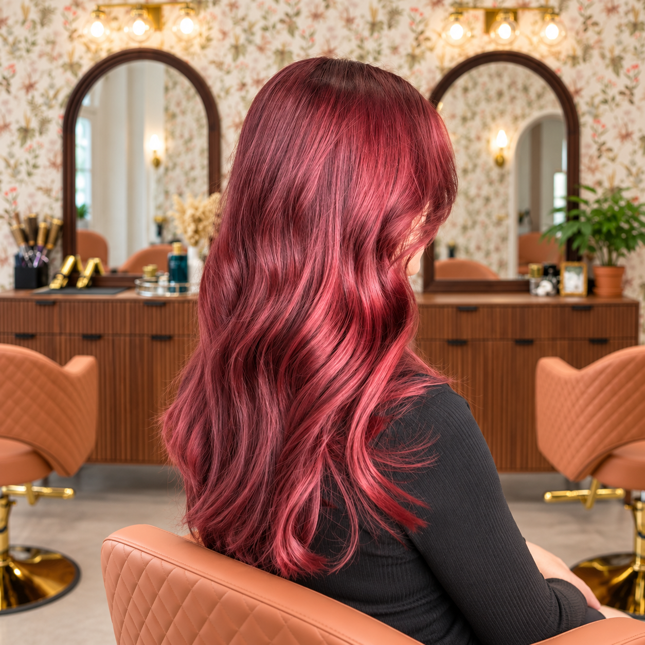 Illustrative image of a person with dimensional red hair seated in a salon
