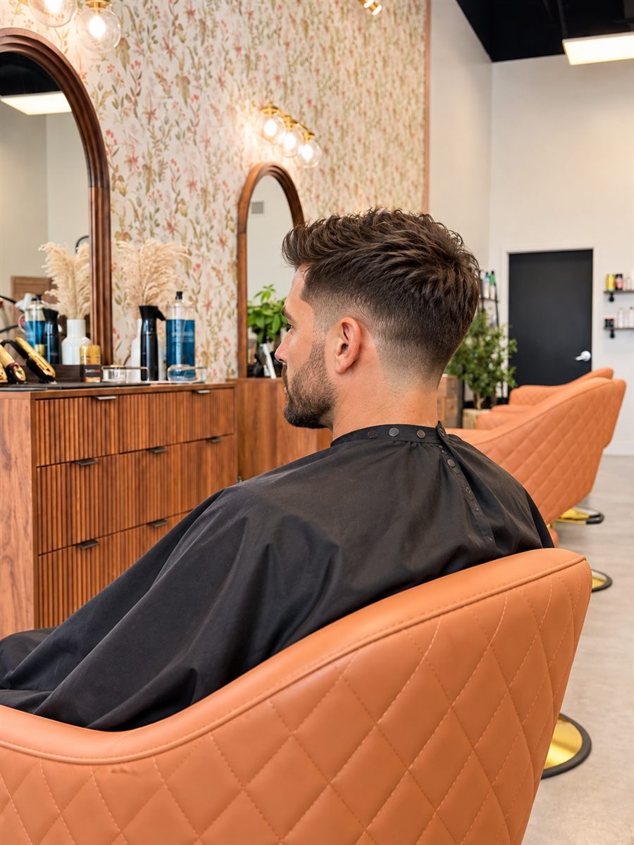 Illustrative image of a man with a clean tapered haircut seated in a salon