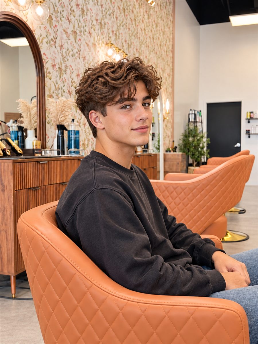 Illustrative image of a teenage boy with a modern curly perm in a salon