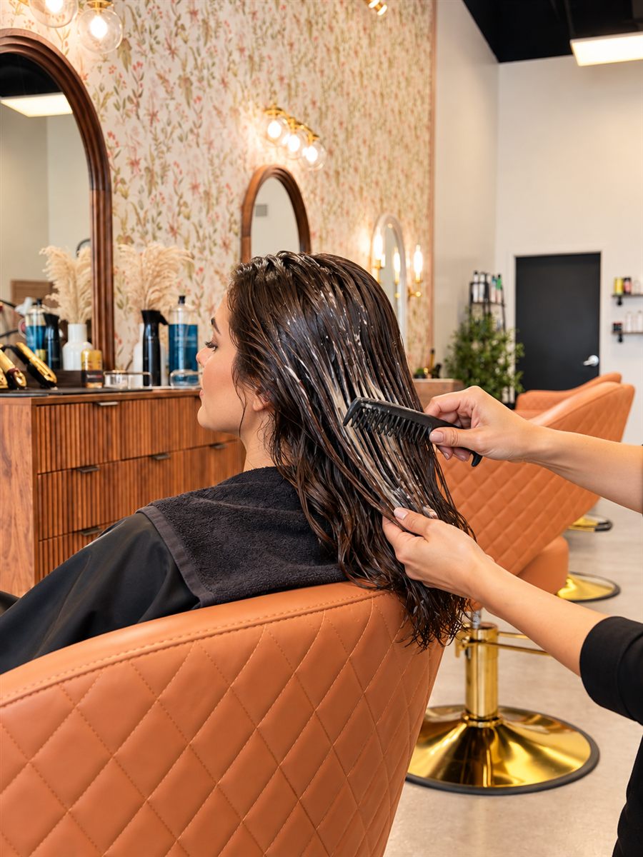 Illustrative image of a conditioning hair treatment being combed through in a salon